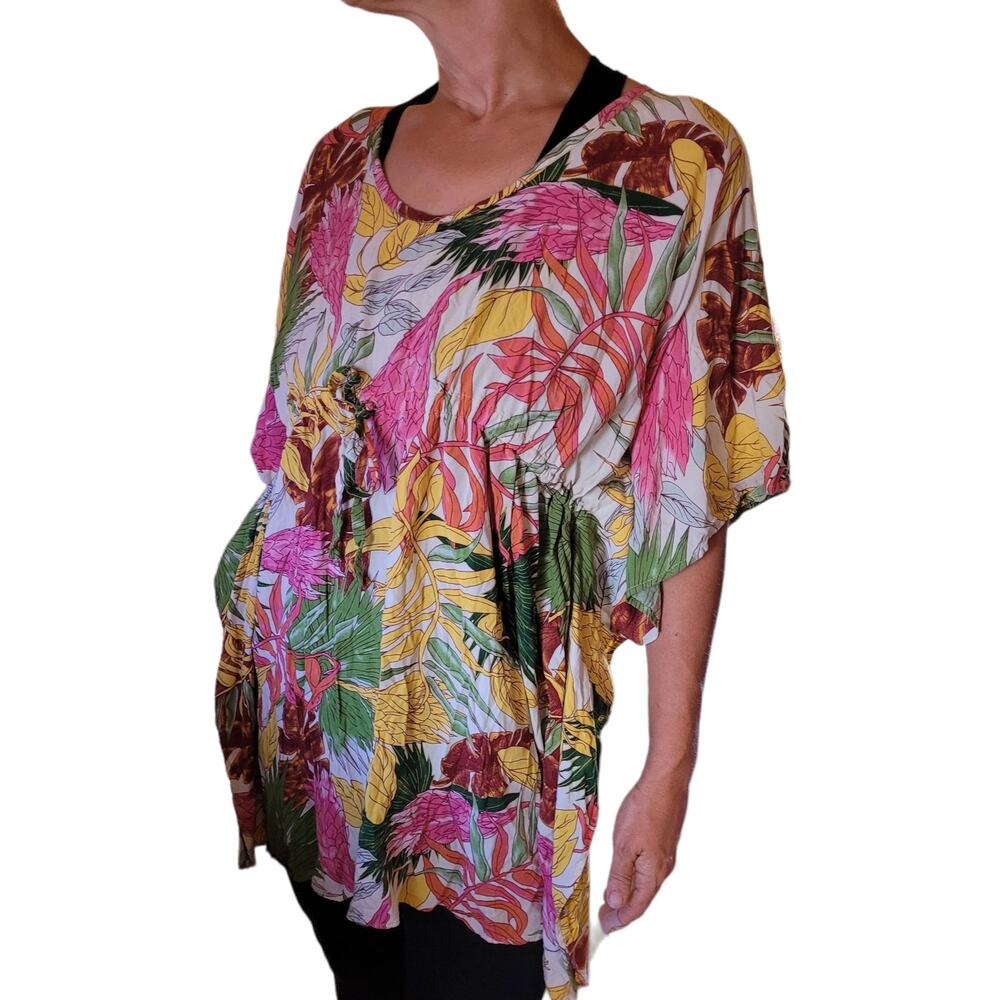 Coco Kai Hawaii Tropical Floral Rayon Cover Up OS Mumu Kaftan Resort Vacation